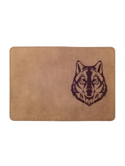 Фото обложка для паспорта Волк коричневый нубук, вид развернутый.