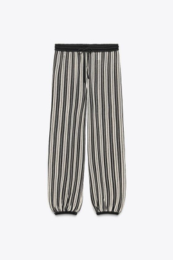 ZARA БРЮКИ В ПОЛОСКУ ИЗ ЛЬНЯНОЙ ТКАНИ С МАНЖЕТАМИ, ЭКРЮ / ЧЕРНЫЙ