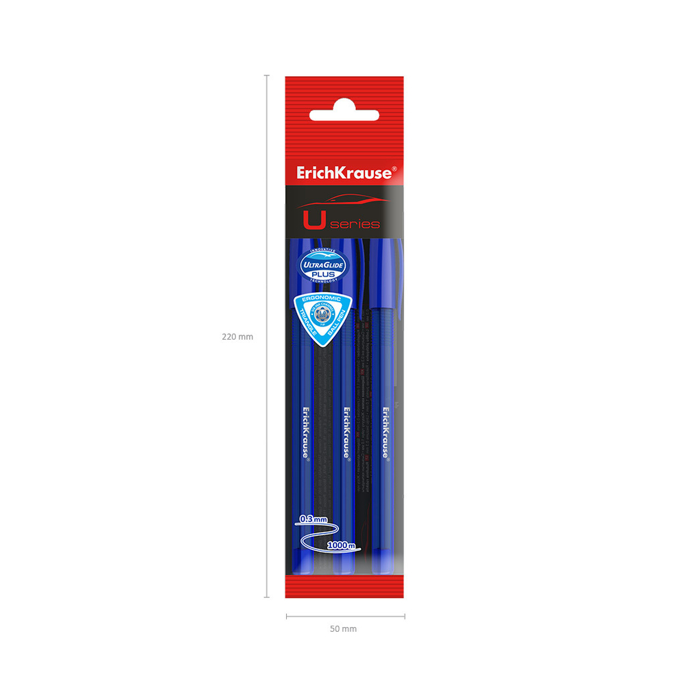 Набор из 3 ручек шариковых ErichKrause U-108 Stick Original 1.0, Ultra Glide Technology, цвет чернил синий (в пакете)