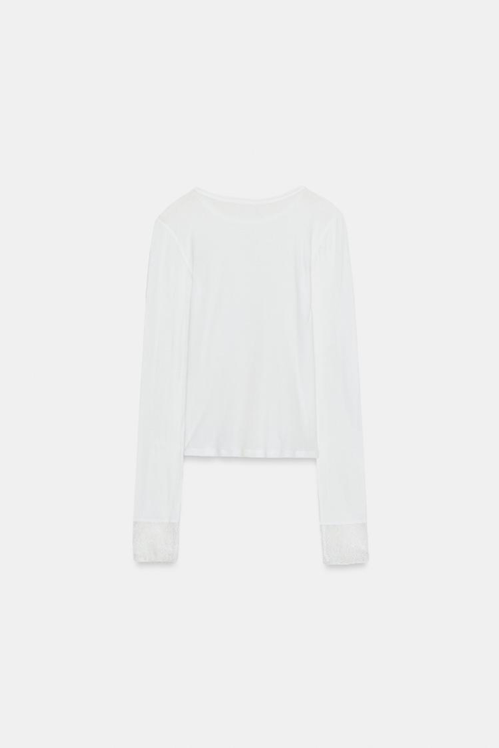 ZARA ПОЛУПРОЗРАЧНЫЙ ТОП С КРУЖЕВНЫМИ МАНЖЕТАМИ, ЖЕЛТОВАТО-БЕЛЫЙ