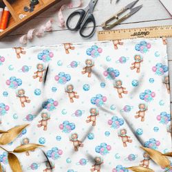 Ткань кулирная гладь мишки-космонавты с воздушными шарами