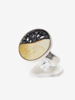 Уникальный серебряный комплект с цельным пейзажным янтарем, серебро 925 пробы