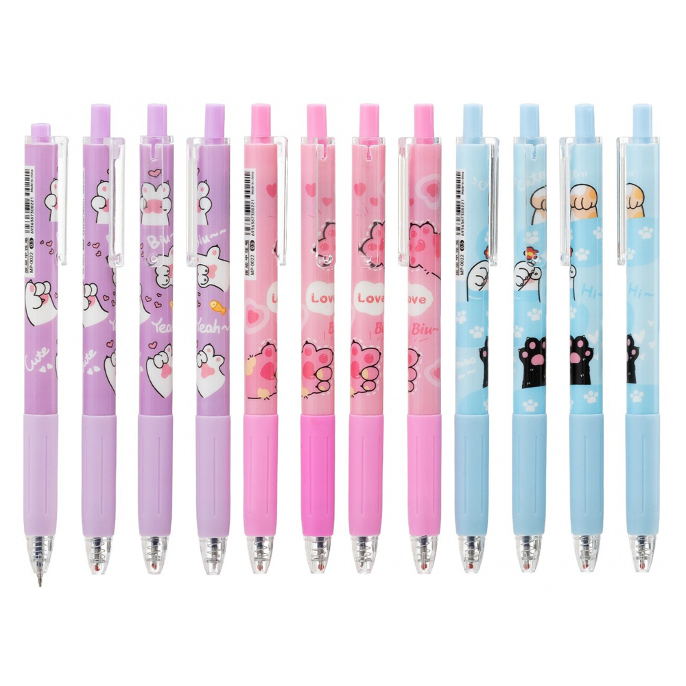 Ручка гелевая, автоматическая, Basir, синие чернила, серия "Лапки", 12 шт