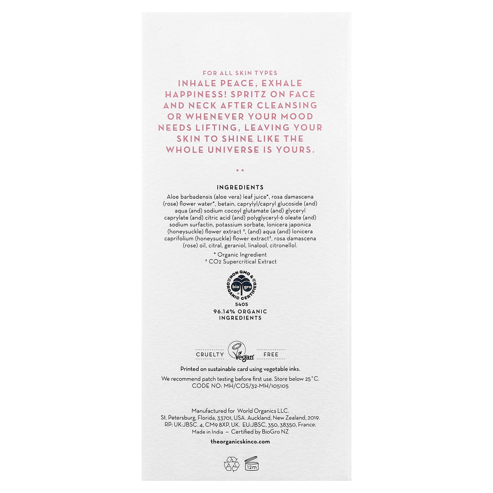 The Organic Skin Co., Set The Tone, тоник-спрей для всех типов кожи, увлажняющий розовый, 100 мл (3,4 жидк. унции)