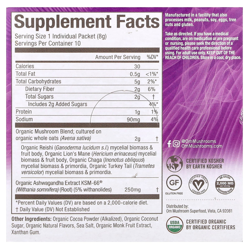 Om Mushrooms, Смесь грибов Superfood, горячий шоколад, 10 пакетиков по 8 г (0,28 унции)