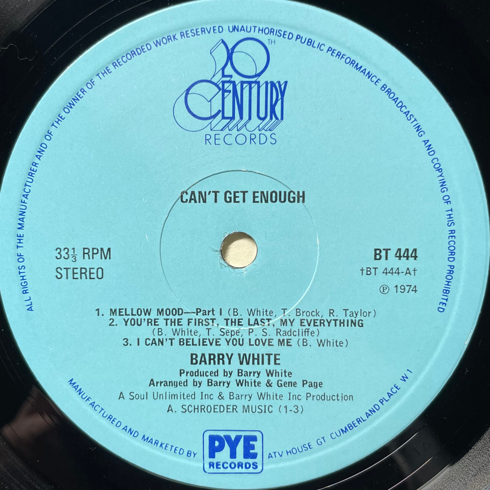Barry White ‎– Can't Get Enough (Англия 1974г.)
