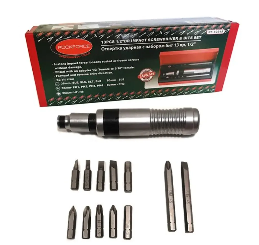 Отвертка ударная с набором бит и адаптером,13пр 1/2''(F)х5/16''(F) (PH 1,2,3,4х36мм, PH3х80мм, SL 5,6,7,8х36мм, SL8х80мм, H 7,8х36мм) в метал. кейсе RockForce##Rock FORCE RF-5064A