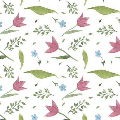 Тюльпаны и незабудки. Абстрактный акварельный цветочный принт на белом фоне.