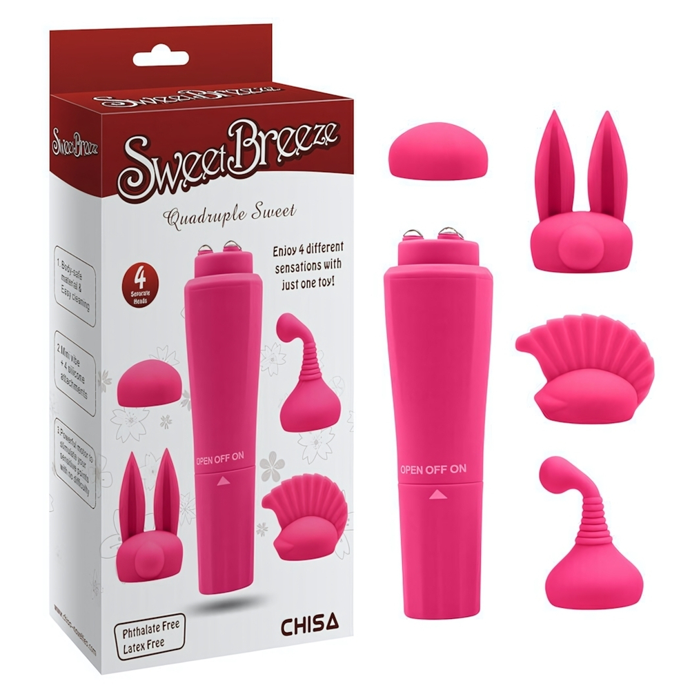 Мини-вибратор со сменными насадками Quadruple Sweet, розовый (Цвет: розовый)