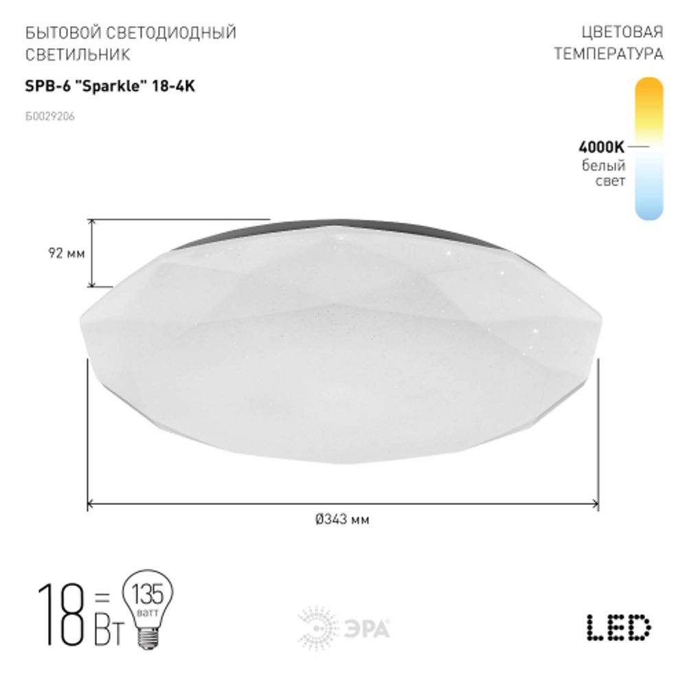 Светильник потолочный светодиодный ЭРА Классик без ДУ SPB-6 Sparkle 18-4K 18Вт 4000К 1260Лм
