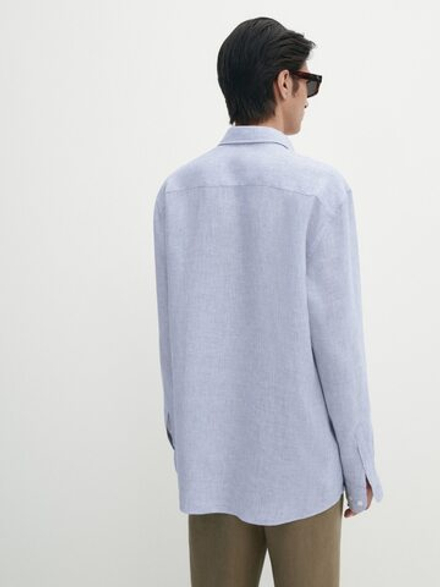 Massimo Dutti Рубашка из 100% льна в полоску, светло-синий