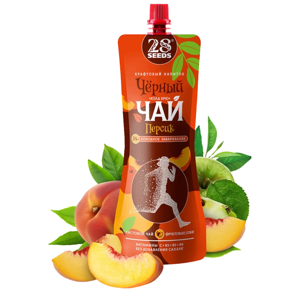 Черный чай «Колд брю» Персик 28SEEDS, 250 мл, дой-пак с ломтиками персика