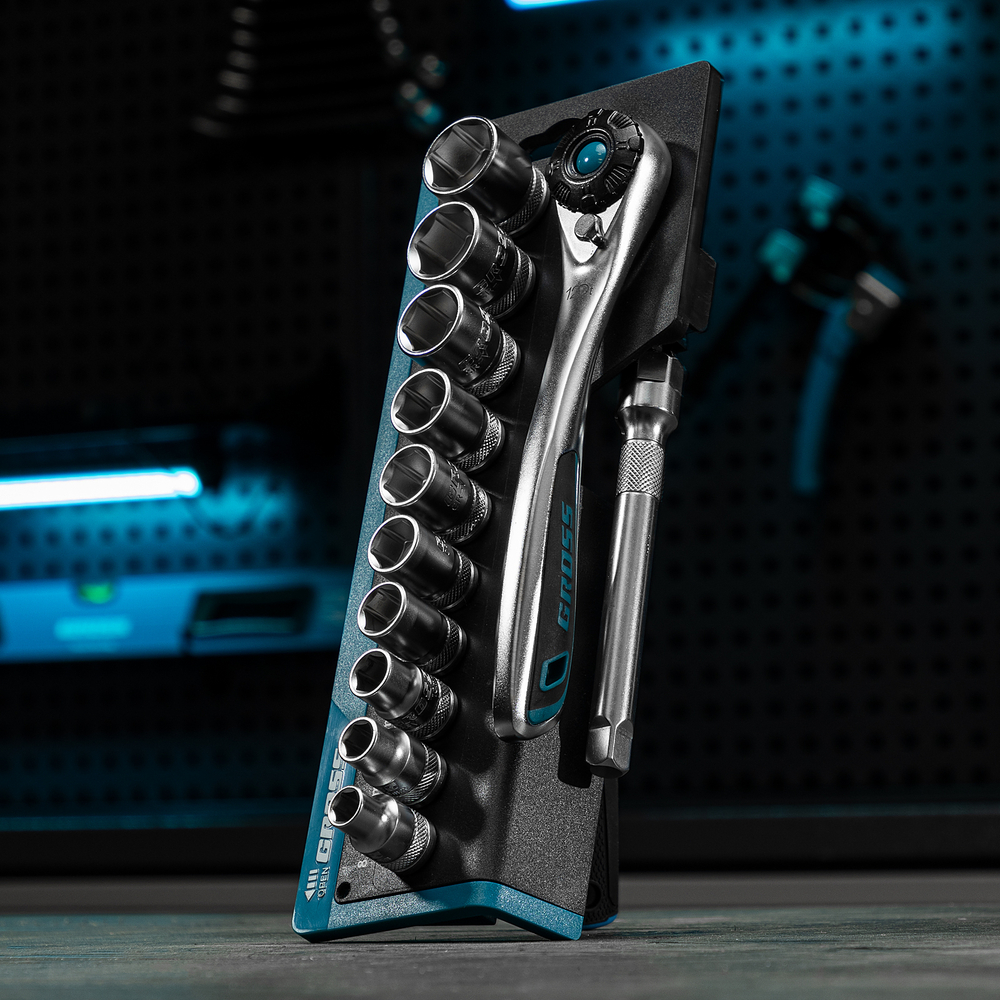 Набор торцевых головок, трещотка 120 зубьев, 3/8", CrV, 12 предметов Gross