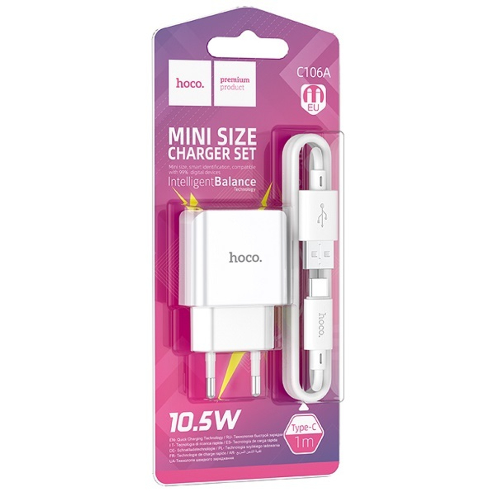 Сетевой адаптер питания HOCO C106A 1USB 2.1A + кабель Type-C (белый)