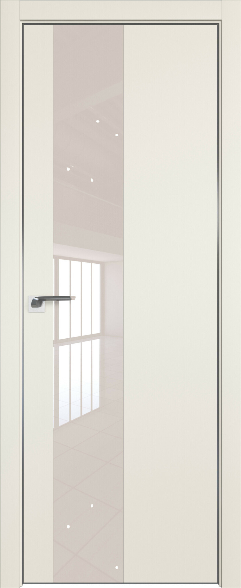 [ТОВАРА НЕТ В НАЛИЧИИ] Дверь межкомнатная Профиль Дорс 5 E (кромка алюминиевая матовая), цвет магнолия сатинат, полипропилен, стекло перламутровый лак