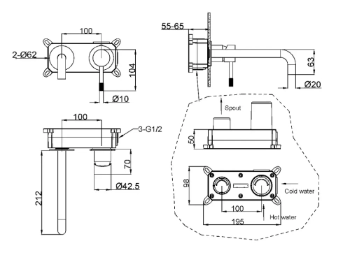Смеситель для умывальника из стены, Uno. Copper Brushed