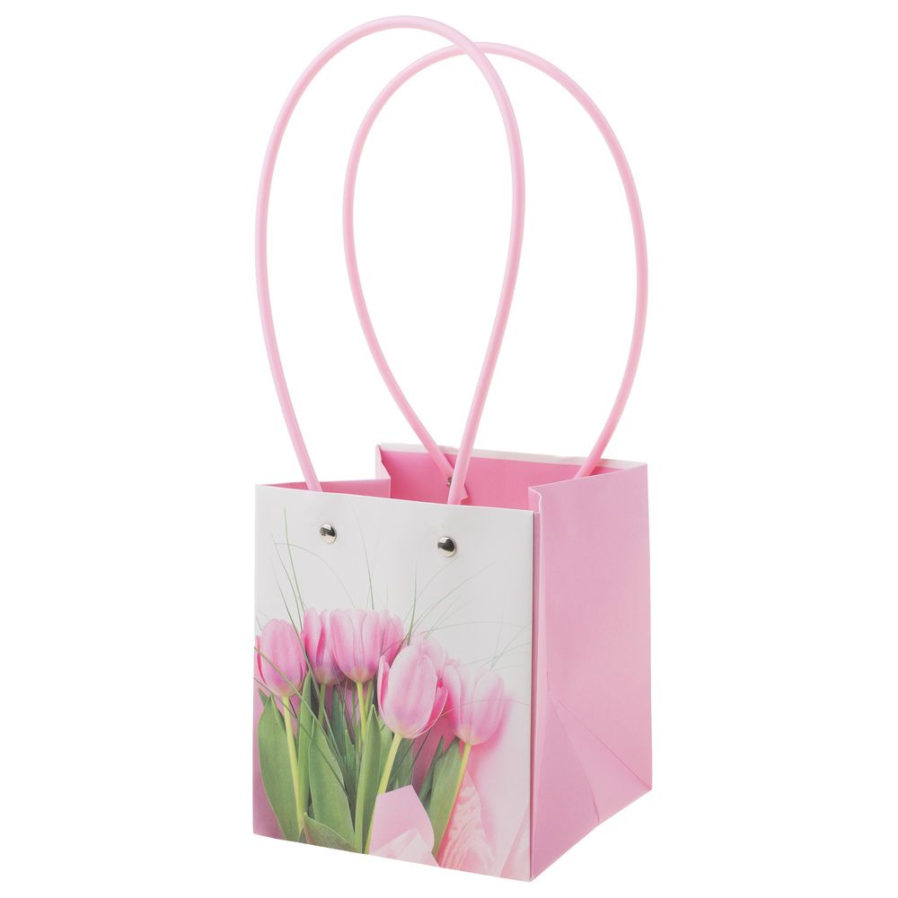 Пакет квадрат М 13x12xH15 ЦВЕТЫ Белый-розовый