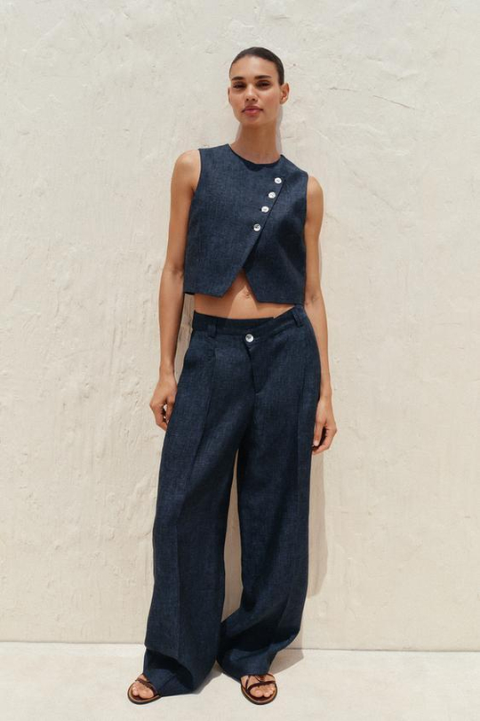 ZARA БРЮКИ ИЗ 100% ЛЬНА С ЗАВЫШЕННОЙ ТАЛИЕЙ, ИНДИГО