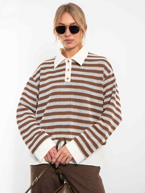 Свитшот-поло с имитацией рубашки (Коричневый/молочный)