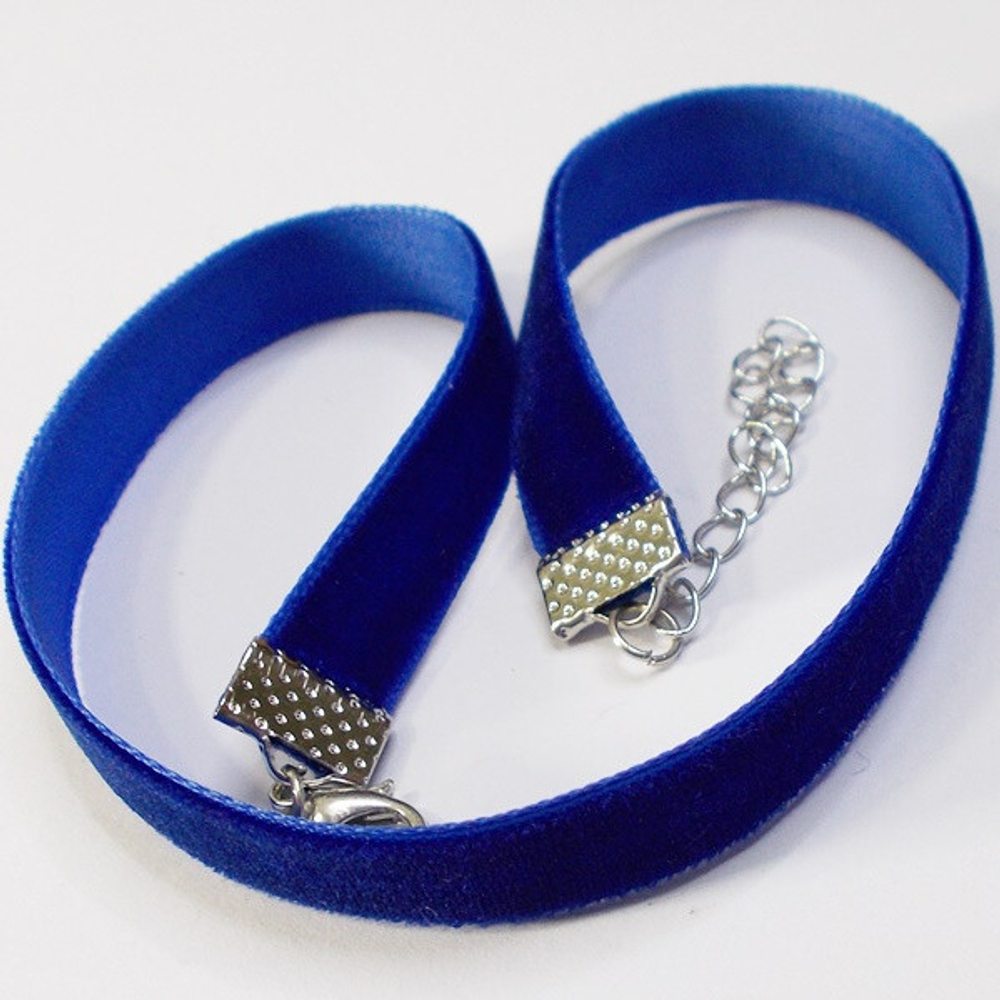 Чокер бархатный синий на шею (10 мм) без подвески. Фурнитура под серебро.