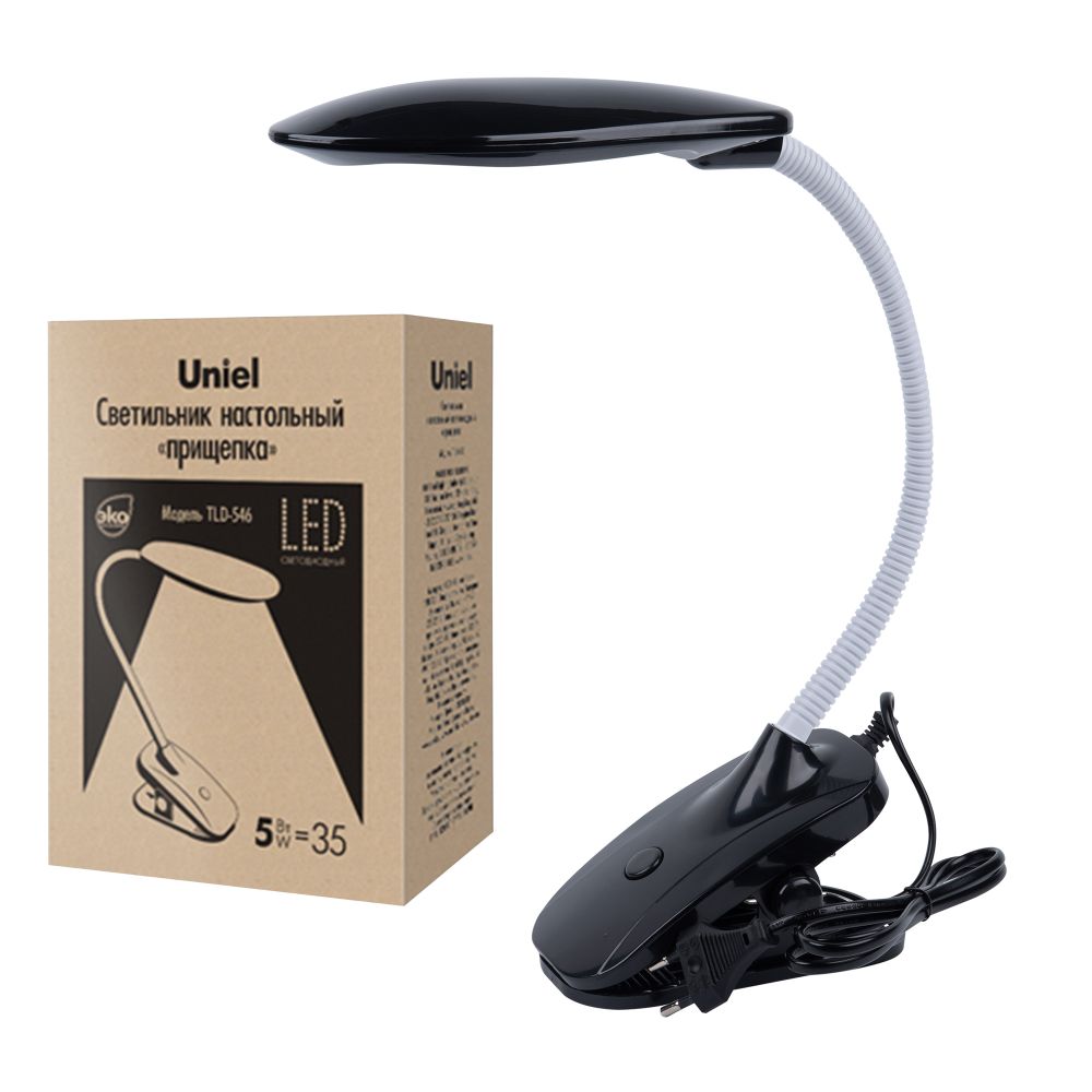 TLD-546 Black-LED-350Lm-4500K Светильник настольный прищепка. 5W. Механический выключатель. Черный. ТМ Uniel