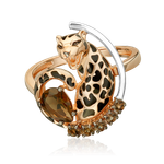 Кольцо «Леопард» из комбинированного золота с кварцем дымчатым и эмалью