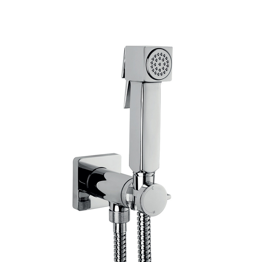 Bossini Cube Brass Mixer Set гигиенический комплект: смеситель прогрессивный, душ с кнопкой подачи воды, шланг 1250 мм, держатель с шланговым подключением