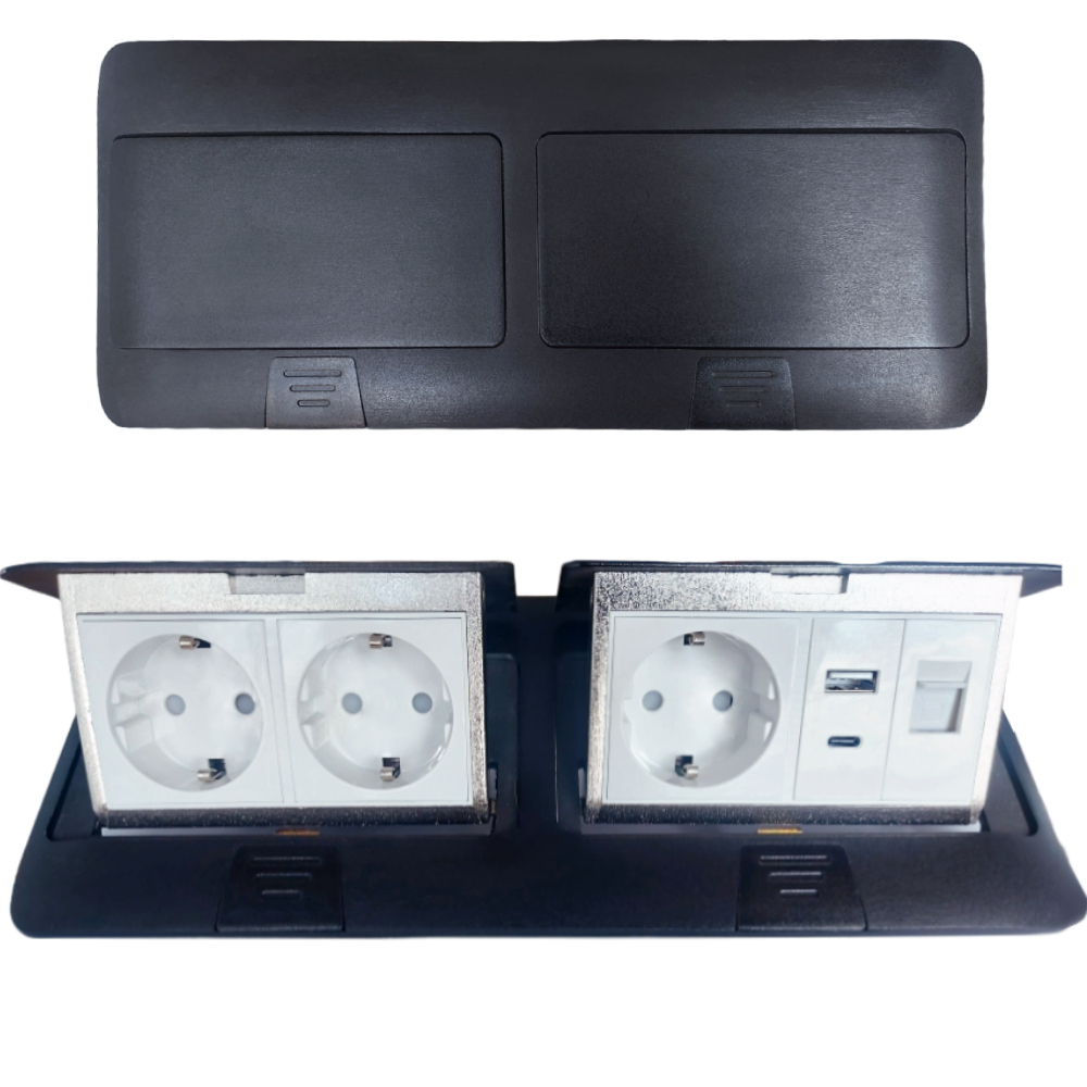 Лючок в пол 3-РОЗЕТКА + USB+TYPE-C + INT (цвет черный)