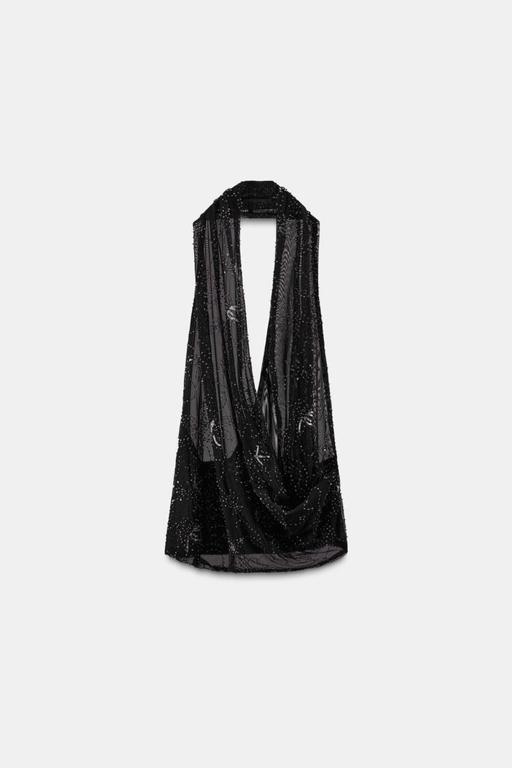 ZARA ТОП С ГОРЛОВИНОЙ ХАЛТЕР, ВЫШИВКОЙ И БУСИНАМИ, ЧЕРНЫЙ