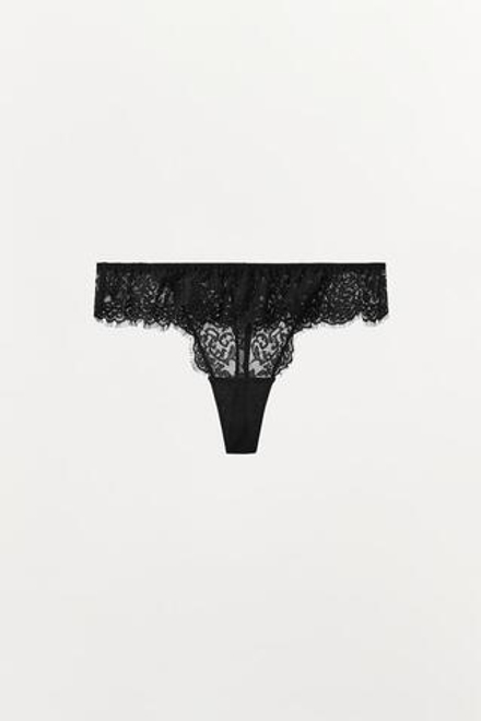 ZARA КРУЖЕВНЫЕ ТРУСЫ-ТАНГА С ВОЛАНАМИ, ЧЕРНЫЙ