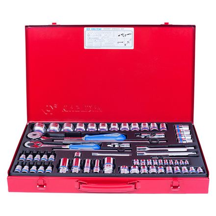 Цена на KING TONY (9063MR01) Набор торцевых головок с принадлежностями 1/4"+3/8"+1/2", 12-гранные, 4-32 мм, 62 предмета