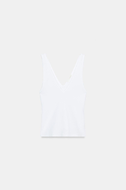 ZARA ТОП В РУБЧИК С V-ОБРАЗНЫМ ВЫРЕЗОМ, БЕЛЫЙ