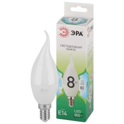 Лампочка светодиодная ЭРА GREEN LINE LED BXS-8W-840-E14 GL E14 8 Вт свеча на ветру яркий белый свет | Лампы cветодиодные Свеча (B/C)