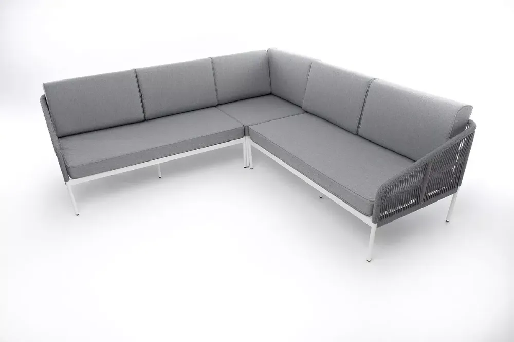 "Канны" диван модульный плетеный из роупа, каркас алюминий белый, роуп светло-серый круглый, ткань светло-серая