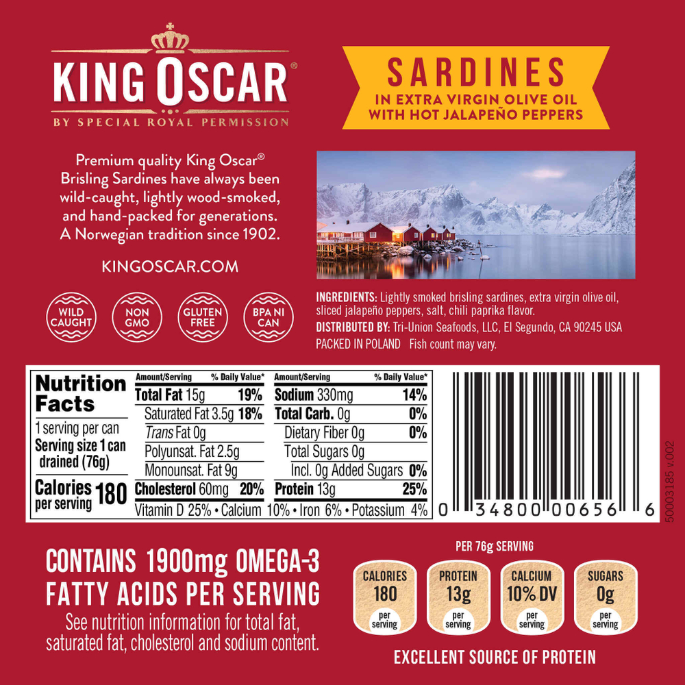King Oscar, Дикая сардина, в оливковом масле первого отжима с острым перцем халапеньо, острое, двухслойное, 106 г (3,75 унции)