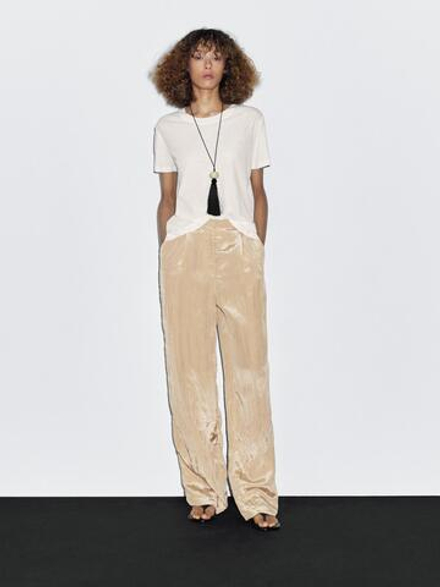 Massimo Dutti Брюки из атласа с рельефным узором, бежевый