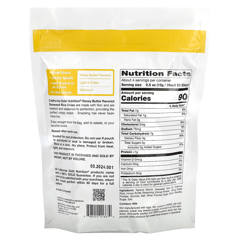 California Gold Nutrition, рисовые чипсы с водорослями, со вкусом меда и сливочного масла, 60 г (2,1 унции)