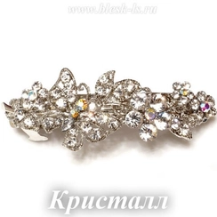 Заколка с замком на серебристой основе "Бабочка на цветах", Кристалл