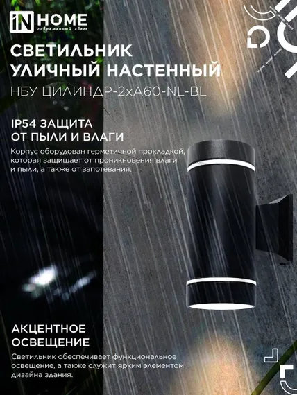 Светильник уличный настенный двусторонний НБУ ЦИЛИНДР-2хА60-NL-BL с подсветкой черный IP54 IN HOME