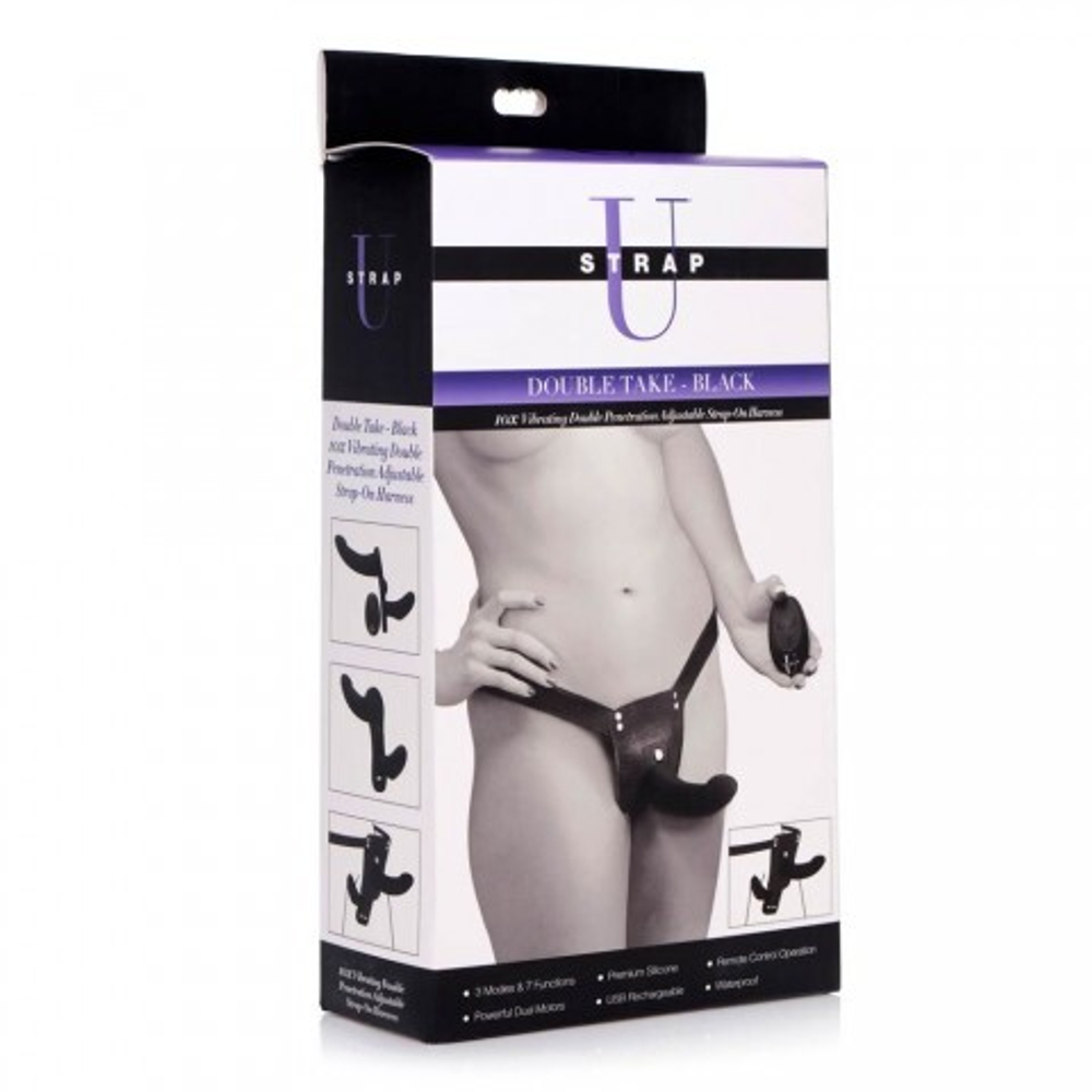 Двухсторонний страпон с вибрацией Strap U Double Take 10X Double Penetration Vibrating Strap-On Harness, черный, 14х4.3см