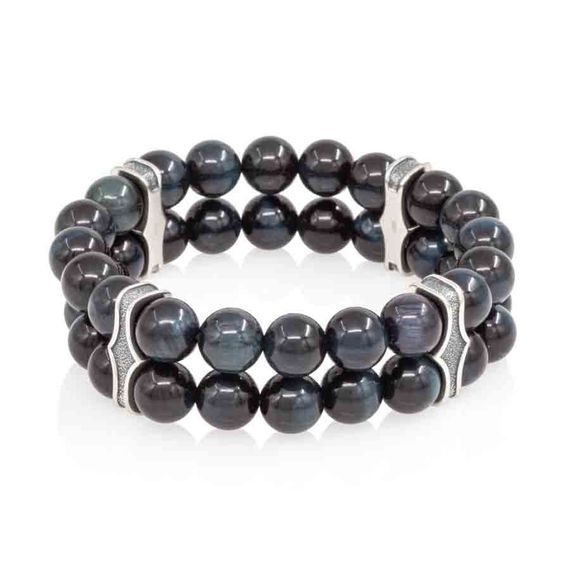 Двойной браслет из соколиного глаза 8 мм с шармами из серебра, вид 2