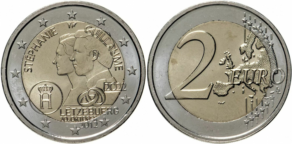 Люксембург 2 евро, 2022 10 лет свадьбе Великого герцога Гийома и бельгийской графини Стефании де Ланнуа UNC
