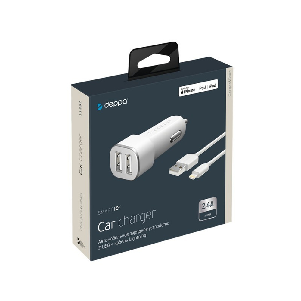 Разделитель автомобильный Deppa Car charger 2.4A MFI D-11291, дата-кабель 8-pin Lightning 1.2m 12/24V (2USB: 5V/2.4A) Белый