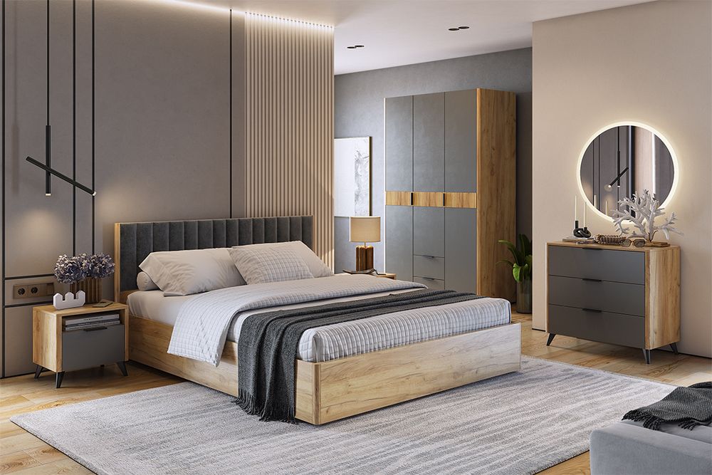 Кровать Адам с подъемным механиз (Дуб крафт золотой/Грей алькантара) велюр 160*200 см, Мебельсон