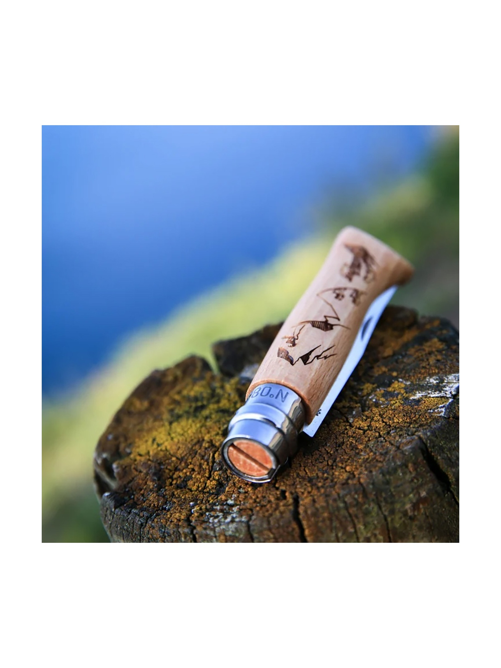 Нож Opinel №8 Alpine adventures, нержавеющая сталь, рукоять дуб, гравировка горный велосипед, 002187