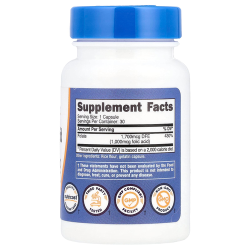 Nutricost, Фолиевая кислота, 1000 мкг, 30 капсул