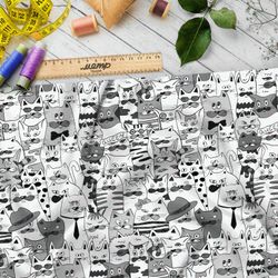 Ткань атлас бело-серые коты из мультиков