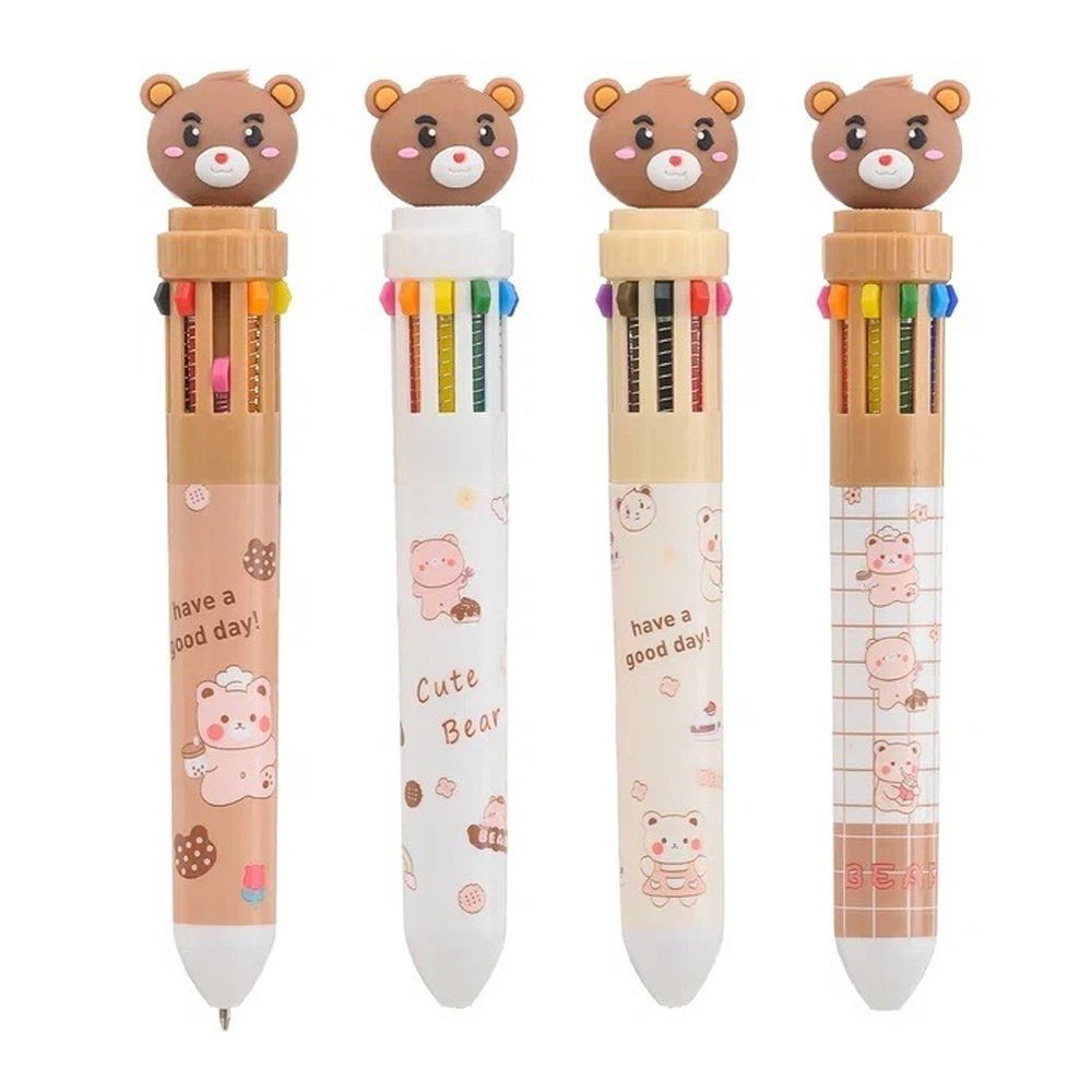 Ручка шариковая, автоматическая, 10в1, Basir, серия "МЕДВЕЖОНОК", 10-ти цветная, с резиновой фигуркой, 36 шт