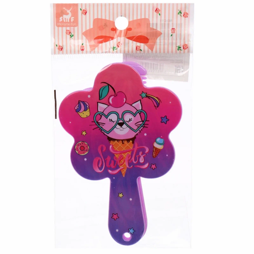 Расческа с зеркалом в наборе детские «МИМИШКИ», котик, цвет розово-фиолетовый, 11см