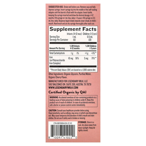 Legendairy Milk, Iron Organic Drops, для детей от 4 месяцев, вкусная вишня, 60 мл (2 жидк. Унции)